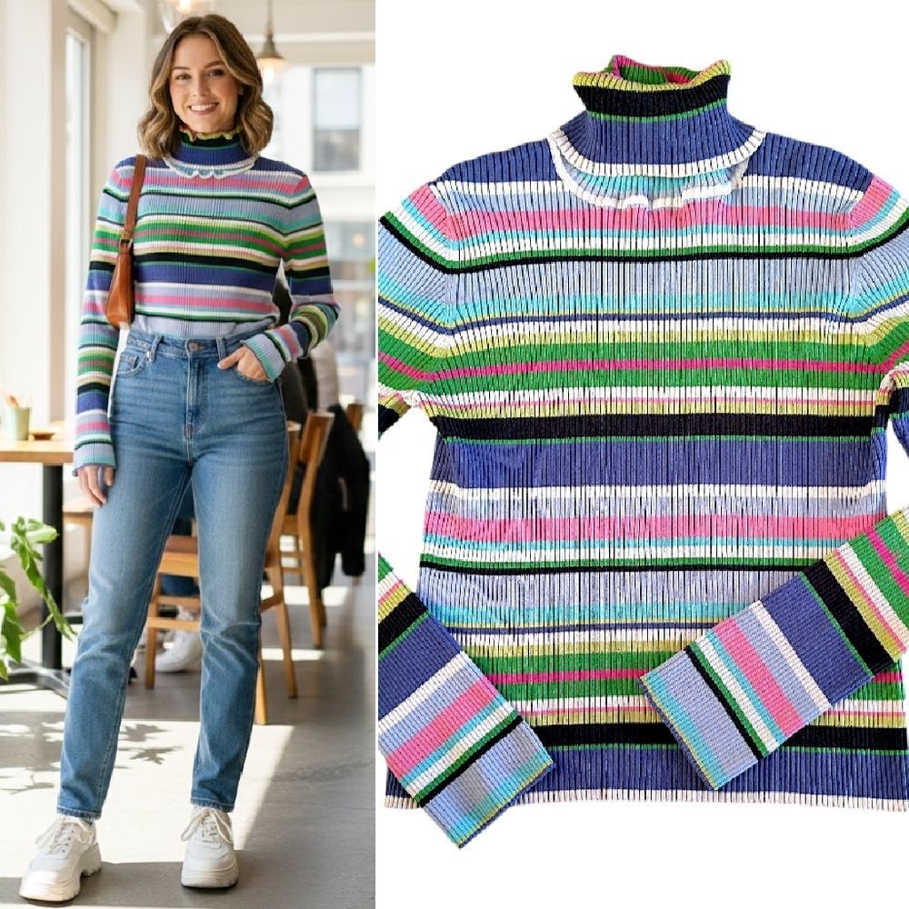 Oxford Fulham VTG 90s Colorful Striped Turtleneck Sweater Medium Ribbed‎